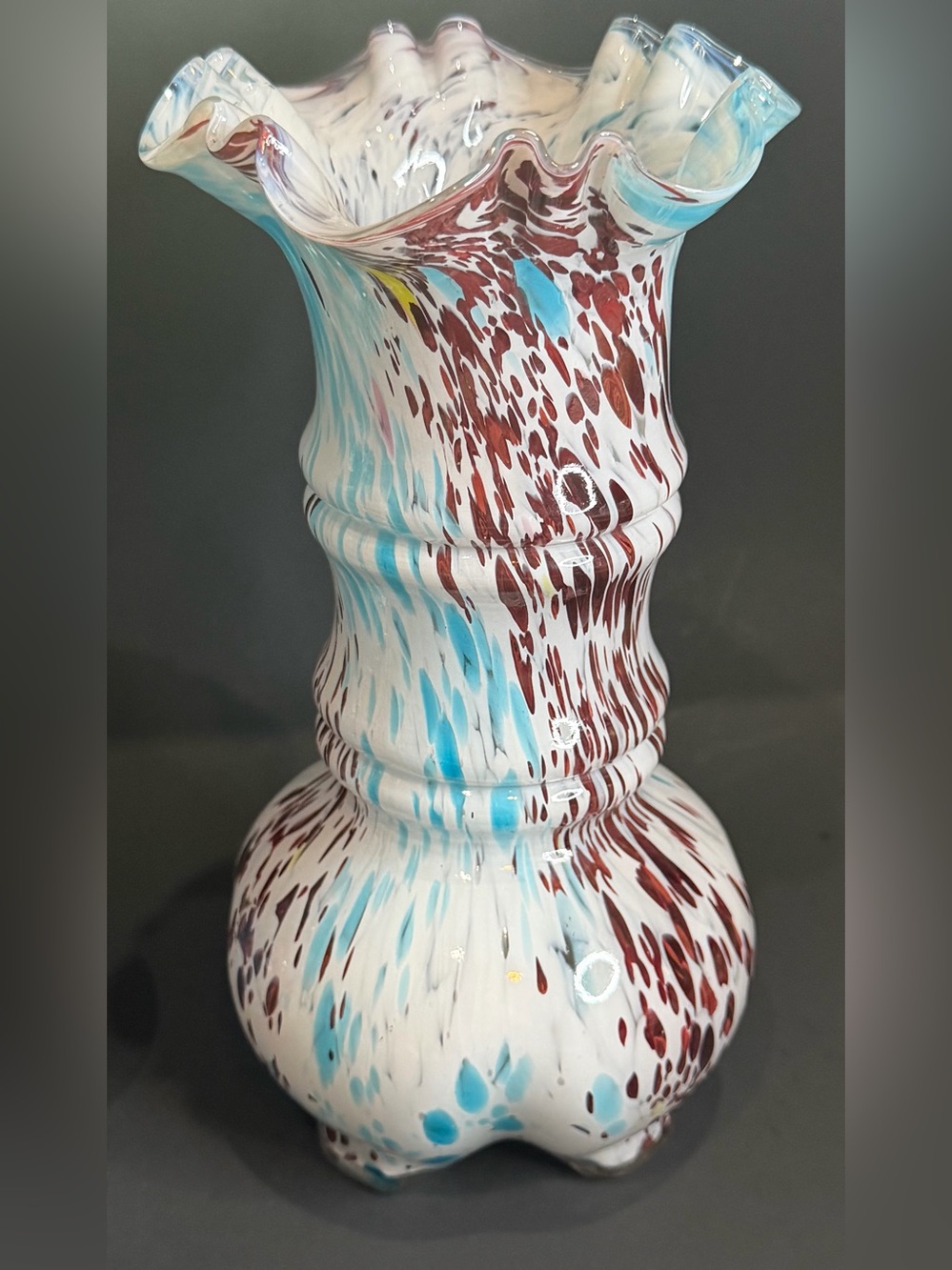 Vintage Vase Speckled Blue Brown glass De Clichy Art Style Ruffled Top 8.5”